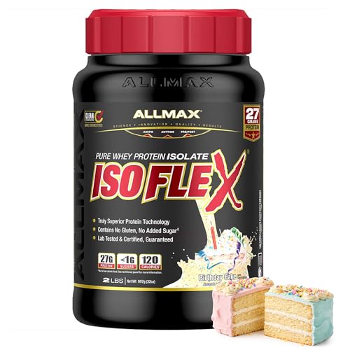 ALLMAX ISOFLEX Pure Whey Isolate Protein Powder - Gluten Free, Low Lactose, Sugar-Free - High-Protein, Clean, Keto-Friendly for Pre Post Workout Supplement for Women and Men | Birthday Cake, 2lb