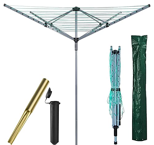 Musan Heavy Duty 4 Arm 60m Rotary Airer - Washing Line Clothes Drying Rack With Metal Ground Spike - Folding Laundry Dryer Airer Outdoor Home Garden - Included Waterproof Protective Cover