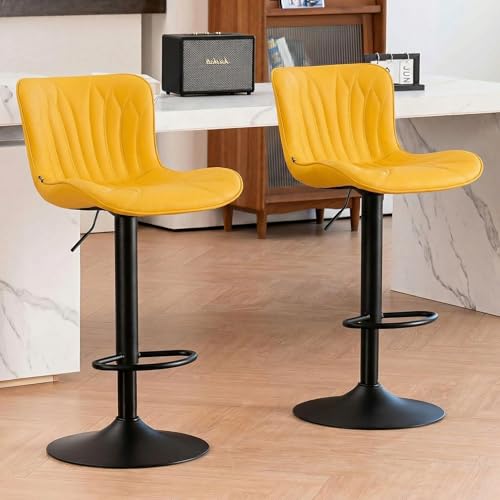 YOUNIKE Juego de 2 taburetes de bar giratorios con respaldo alto, de piel sintética, tapizado, moderno taburete de cocina con respaldo alto, color amarillo limón