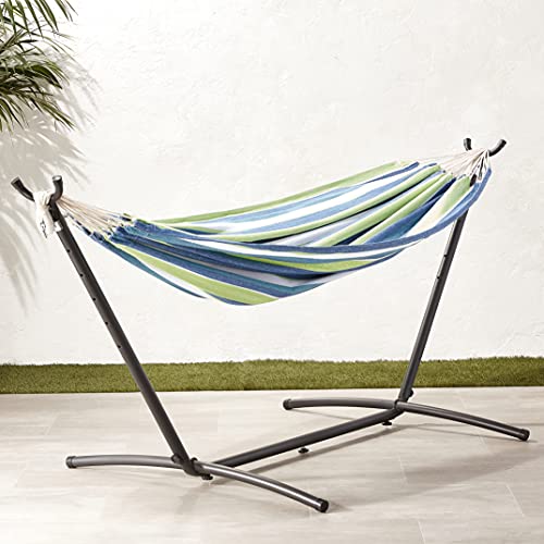 Image of Amazon Basics Double Hammock with 9-Foot Space Saving Steel Stand and Carrying Case, 2 Person, 450 lb Capacity, Cotton Polyester, Oasis Stripe, 110 inch x 47 inch x 43 inch