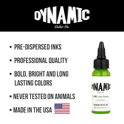Image of Dynamic Color Lime Green Tattoo Ink, Made in USA Since 1990, 1 oz | Sterilized and lot-numbered for full traceability; established American brand trusted by artists worldwide
