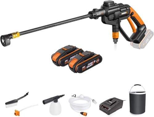 WORX WG620E.4 idropulitrice a batteria Hydroshot 20 V, ugello a spruzzo multiuso, tubo da 6 m, con 2 batterie PowerShare e caricatore con fascetta