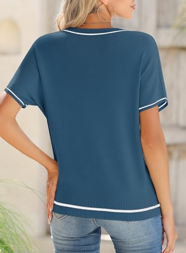 Image of SHEWIN Womens Tops Trendy Short Sleeve Shirts Crewneck Lightweight Knit Sweater Top Business Casual Outfits