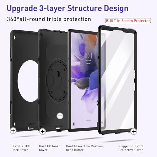 Image of Case for Galaxy Tab S7 FE /S7 Plus /S8 Plus 12.4 INCH: TPU Protective Cover for Samsung Tablet S7 FE /S7 Plus /S8 Plus 12.4 with Screen Protector-Stand- Handle + Shoulder Strap-S-Pen Holder- Black