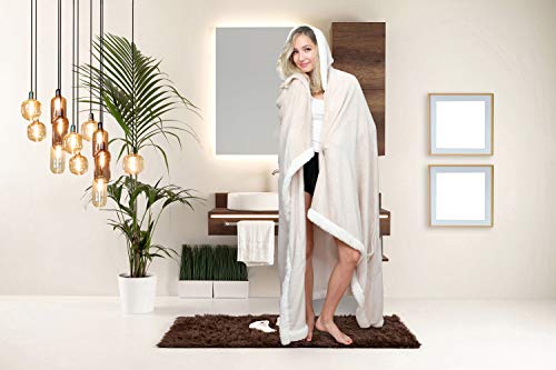 Chic Home Abaddon Snuggle Hoodie Robe Cozy Super Soft Ultra Plush Flannel Wearable Blanket Sherpa Trim with 2 Pockets Hood Button Closure, 58 x 72 Beige