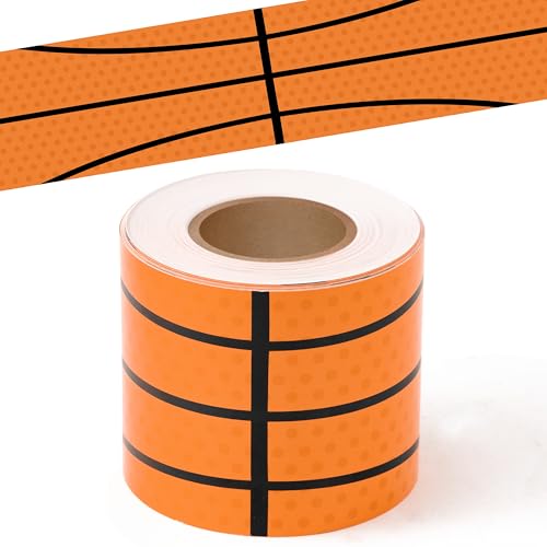 Image of BeYumi Basketball Sport Border Trim - 65ft Back to School Basketball Patterned Straight Rolled Border Trim Orange Basketballs Die Cut Sports Bulletin Board Party School Classroom Chalkboard Wall Decor