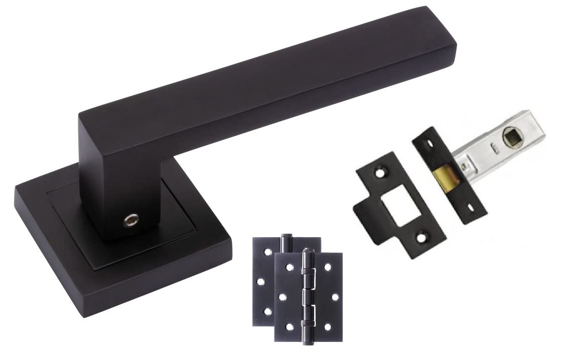 Golden Grace Delta Door Handles on Square Rose in Stunning Matte Black Finish Complete with 1 Pair of 3" Ball Bearing Hinges & 64mm Tubular Latch - 1 Pair