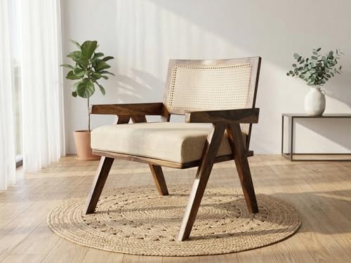 Image of WELL KNOWN Solid Sheesham Wood & Cane Chair Wooden Rattan Arm Chair | Dining Chair for Living Room, Bedroom, Indoor, Outdoor & Home | Natural Finish