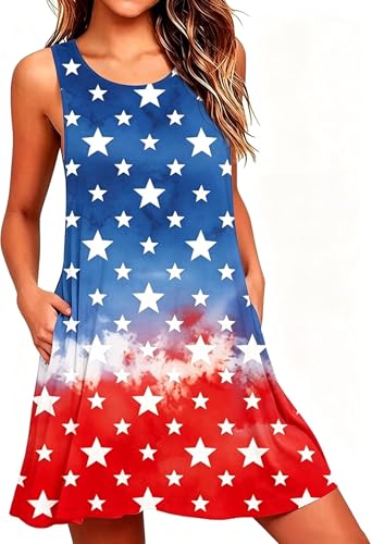 Image of Roshop Womens Juneteenth Flag Sleeveless Dress 4th of July Patriotic Swing Sundress with Pockets