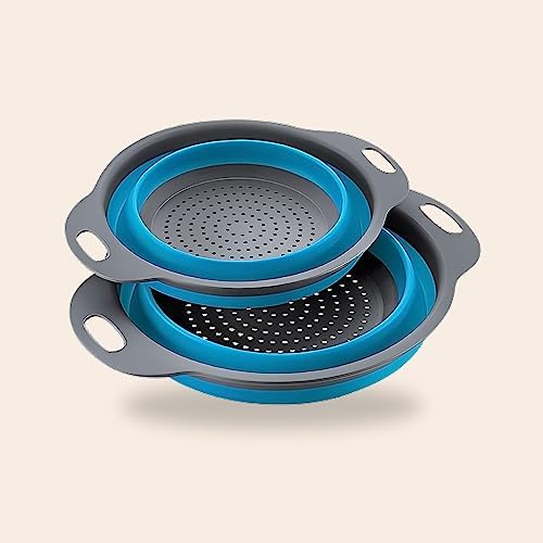 LUSAN STORE Collapsible Colanders with Handles (Set of 2 pcs.) / Space-saving Kitchen Strainer, Food-grade Silicone Folding Strainer for Draining Pasta, Vegetables and Fruit