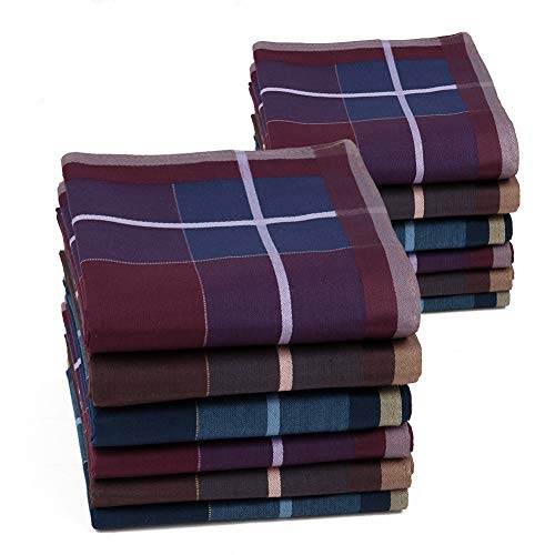HOULIFE Homme Mouchoirs Tissu Foncé en Pur Coton Carreaux Tartan Nature pour Usage Quotidien Lot de 6/12 Pièces 43x43cm Cadeau de Noël,Multicolore,Large