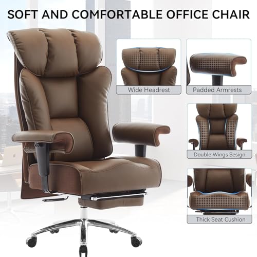 Image of Efomao Ergonomic Office Chair 450LBS with Foot Rest, High Back PU Leather Executive Office Chair with Adjustable Armrests, Lumbar Support for Home or Work, Computer Chair, Brown