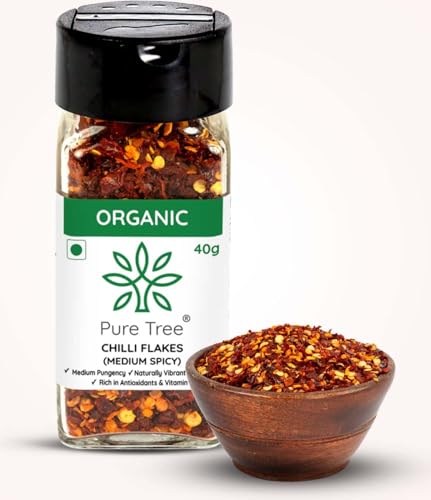 Image of Pure Tree Certified Organic Chilli Flakes Medium Spicy | 40 g | Glass Jar | Crushed Red Pepper Flakes | Pizza Pasta Seasoning | Dried Red Chilli Pieces | Organic Spice