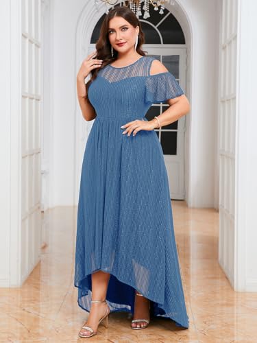 Image of ZOMVA Plus Size Sparkly Mesh Maxi Dress Cold Shoulder Ruffle Sleeve High Low A Line Dresses Wedding Guest Cocktail Party