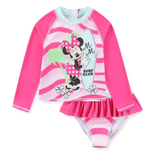 Disney Girls Minnie Mouse UPF 50+ Long Sleeve Rash Guard and Bikini Bottom 2-Piece Swimsuit Set for Toddler and Big Kids