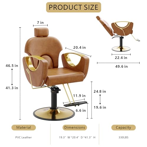 Image of Barber Chair, Reclining Hair Salon Chair, 360 Degrees Swivel Styling Chair, Height Adjustable Hydraulic Shampoo Chairs, Spa Equipment (Brown)