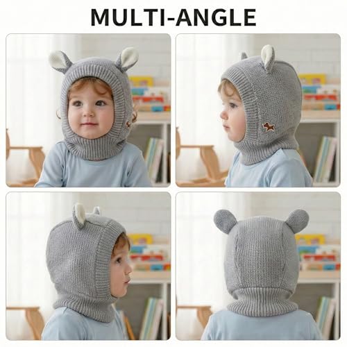 Image of Kraptick Winter Warm Ear Protection Knitted Woolen Unisex Baby Cap with Cute Animal Ears, Soft Fleece Lined Knit Hat with Ear Flaps, Stretchable Monkey Cap for Cold Weather -1