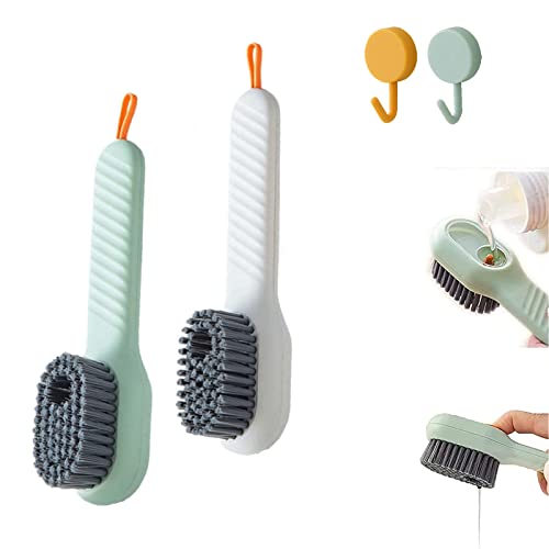 2Pcs Liquid Adding Soft Fur Cleaning Brush,Multifunctional Shoe Brush With Liquid Box For Shoe Washing And Cleaning,Bathroom, Kitchen, Soft Laundry Clothes(White+Green) #TOP7