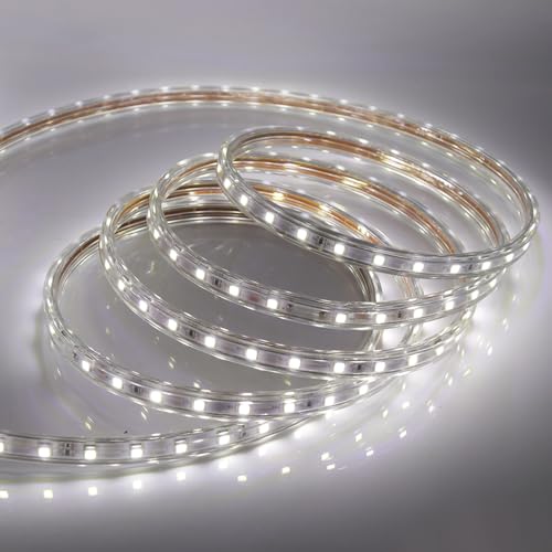 GQL 10m LED Strips Lights White, 220V- 240V Ribbon SMD 5050 60leds/m Rope Lighting, IP65 Waterproof, No Self Adhesive, DIY Home Kitchen Bar Decking Holiday Christmas Indoor Decoration