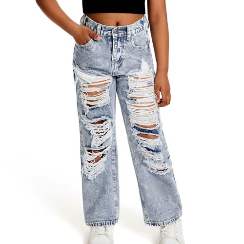 Girls Ripped Jeans Trendy Distressed Washed Elastic Waist Wide Leg Denim Pants Cute Summer Trousers Y2K Streetwear 8-13Years3