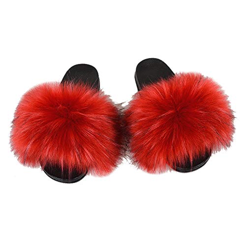Women Faux Fur Slides Sandals Furry Fur Slippers Flip Flops Flat Sole Shoes