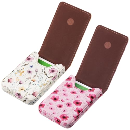 Image of Outus 2 Pcs Business Card Holder, PU Leather Business Card Case Pocket Wallet with Magnetic Shut for Men Women(Pink and White,Floral)