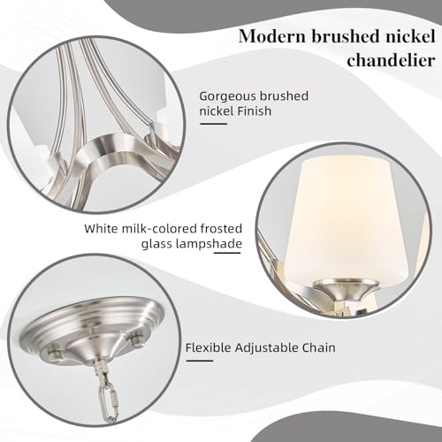 Image of 6-Light Brushed Nickel Chandeliers for Dining Room with Frosted Glass 47.2 inch Adjustable Silver Pendant Ceiling Lighting Rustic Vintage Hanging Lamp for Farmhouse Kitchen Island Dining Table Living Room
