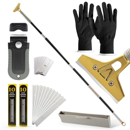 Gomake 4 Wide Razor Blade Scraper Tool with Adjustable 16-58(1.3ft -4.8ft) Long Handle 20PCS Extra Metal Blades Cleaning Glass Wall Scraper Painting stripping tools Tile Floors Walls