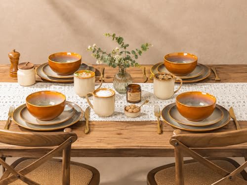 Image of LERATIO Ceramic Dinnerware Sets for 4, Coupe Plates and Bowls Sets,Highly Chip and Crack Resistant | Dishwasher & Microwave & Oven Safe Dishes set,Reactive Glaze Dinnerware- Service for 4(12pcs)