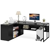 LITTLE TREE Large Executive Desk with File Cabinet, 71 inch L Shaped Computer Desk Office Desk with Drawers and Storage Shelves, Business Furniture Desk Workstation for Home Office, Black