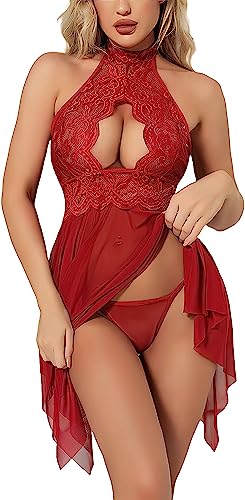 Image of Polyester Spandex & Lace Floral Lingerie for Women Lace Babydoll with G-String Sleepwear Chemise V Neck Mesh Sleepwear Sling Dress Beautifull Babydoll Lingerie Honeymoon
