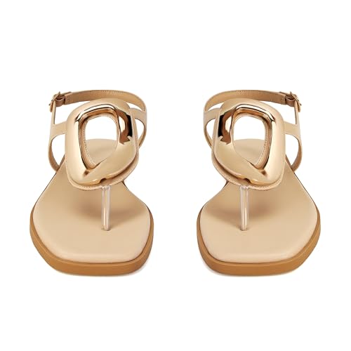 Image of Wnshonzy Flip-Flops for Women Thong Sandals Flat Slip on Slides Beach Comfort Open Square Toe Ladies Slipper Dressy Metal Hardware Decoration Summer Shoes Casual Fashion