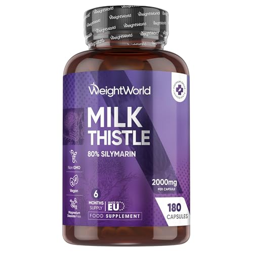 WeightWorld Milk Thistle 2000mg (80% Silymarin) - Milk Thistle Extract 40:1 - 80% Silymarin - Supports Normal Liver Function & Antioxidant Defence - for General - 2 000 mg equivalent - 180 Capsules