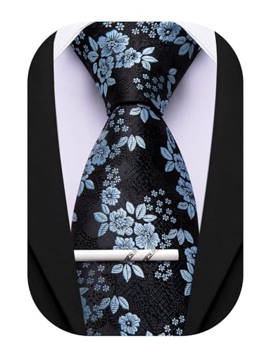 Image of Barry.Wang Floral Ties for Men Flower Necktie with Tie Clip Formal
