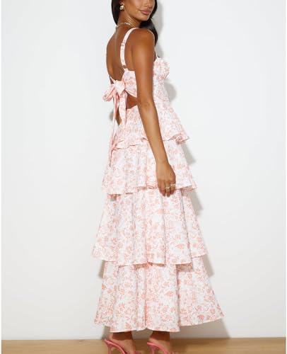 Image of Tiered Ruffle Dress Women Casual Summer Spaghetti Strap Sleeveless Floral Layered Maxi Dress for Women Beach Sundress