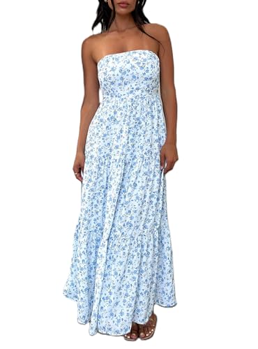 Image of Women Floral Print Maxi Tube Dress Strapless Flowy Long Bandeau Dress Y2K Open Back Sundress Summer Beachwear