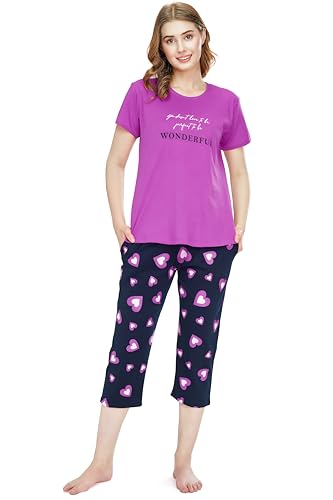 Image of ZEYO Night Suit for Women's Heart Printed Cotton Night Dress of Top and Capri Set 5745