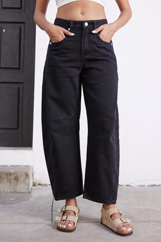 Mid Rise Barrel Jeans for Women Wide Leg Mid Waist Cropped Denim Pants Y2k Baggy Boyfriend Jeans with Pockets4
