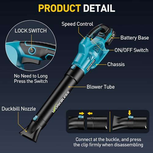WorkBless Leaf Blower Cordless, 21V Electric Leaf Blower with 2 x 4.0Ah Batteries and Fast Charger, 22000RPM & 6 Speed Adjustable, Blower for Lawn Care, Patio Cleaning, Dust, Snow Care(Blue) - Thumbnail 5