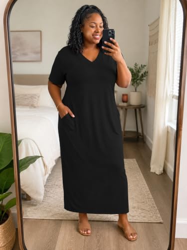 Image of SUZONANA Women Casual T-Shirt Dress V Neck Short Sleeve Solid Color Oversize Dress with Front Two Pockets
