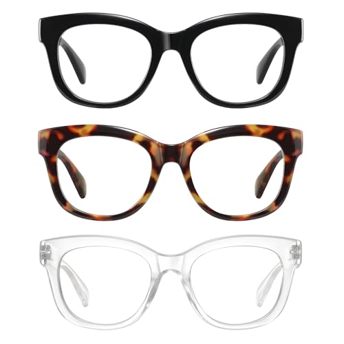 Reglaaly Blue Light Glasses for Woman - 3 Pack Round Retro Frame Fake Glasses, Circle Computer Gaming Glass, Black+Leopard+Transparent