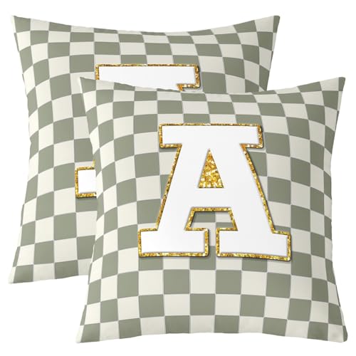 Image of Erosebridal Sage Green Checkered Throw Pillow Covers 22x22 Set of 2 Plaid Initial A Pillow Covers Personalized Monogram Cushion Cover Fashion Grids Gingham Pillow Cases for Couch Sofa