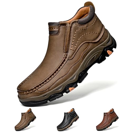 Men Slip on Loafers, Waterproof Leather Hiking Boots, Work Walking Shoes, Causal Comfortable Outdoor Sneakers, Lightweight,Breathable