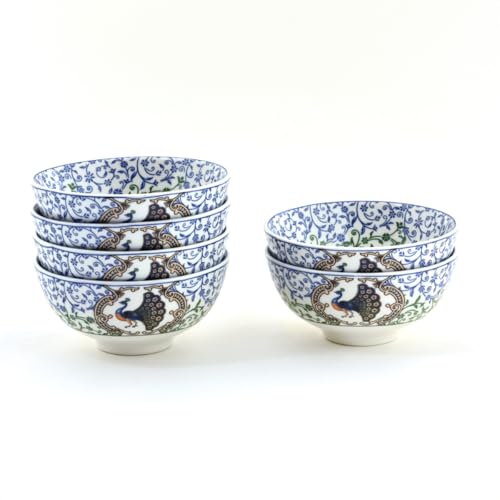 Image of GOLDEN QUEEN'S Porcelain Mini Bowl Set of 6 | Perfect for Dips, Chutneys, Dessert, Nuts, Pickles, Bites | Microwave Safe - Indian Peafowl Bowls, Multicolor, 120 Ml