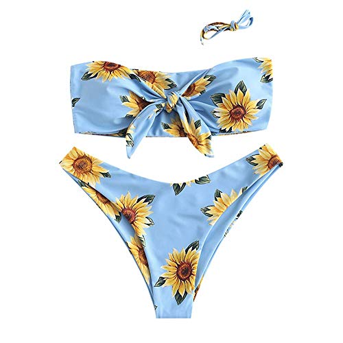 ZAFUL Women s Floral Print Bandeau Bikini Set High Cut Strapless Knot Front Swimsuit Sexy Bathing Suit (S, Sunflower - Light Blue)