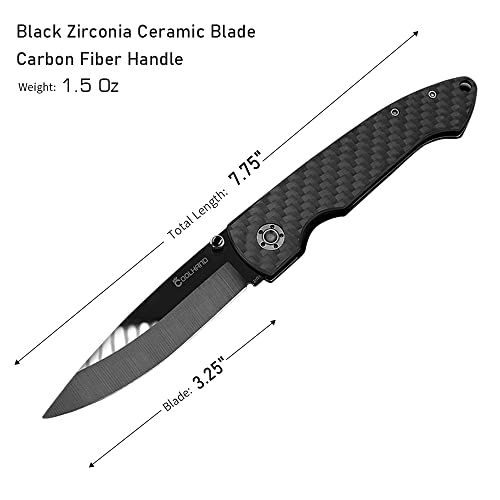 Cool Hand 4.5" Carbon Fiber Folding Knife W/ 3.25" Polished Black Zirconia Ceramic Blade, Liner Lock Mechanism, W/Pocket Clip, Gift Box Packing #TOP3