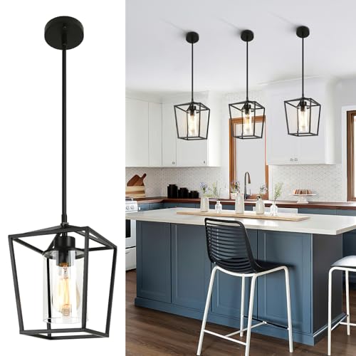 Image of 3 Pack Black Pendant Lights for Kitchen Island, 1-Light Farmhouse Metal Pendant Light Cage Kitchen Hanging Light Fixtures with Clear Glass Shade for Dining Room, Entryway, Hallway, Foyer
