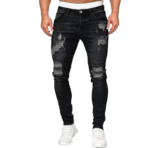 Men's Fashion Ripped Skinny Jeans Distressed Slim-fit Tapered Biker Pants Casual Stretchy Destroyed Denim Pant