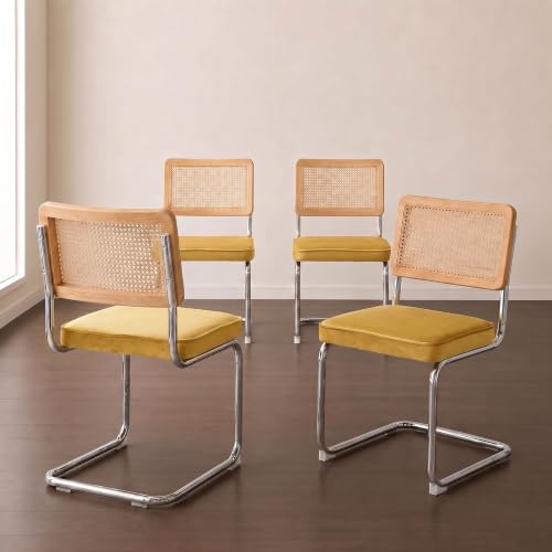 M MIJIRO HOME Mid-Century Modern Dining Chairs Set of 4, Cane Back Rattan Kitchen Chairs with Velvet Upholstered Seat, Chrome Cantilever Dining Room Chairs for Kitchen& Cafe, Sillas de Comedor, Gold