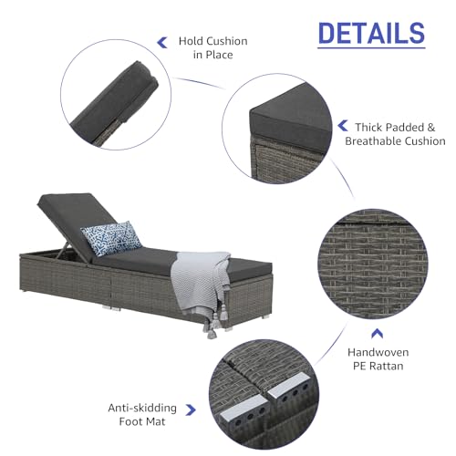 Patiorama Outdoor Patio Chaise Lounge Chair, Elegant Reclining Adjustable Pool Rattan Chaise Lounge Chair with Cushion, Grey PE Wicker, Steel Frame, Dark Grey, Set of 4 - Thumbnail 7